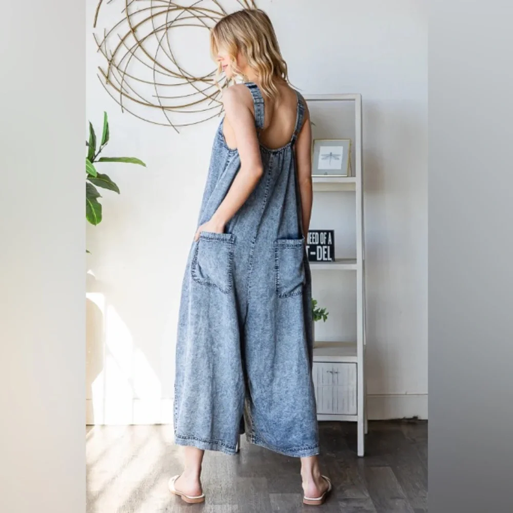 WASHED PLEATED DETAIL WIDE LEG ROMPER - Picture 5 of 7